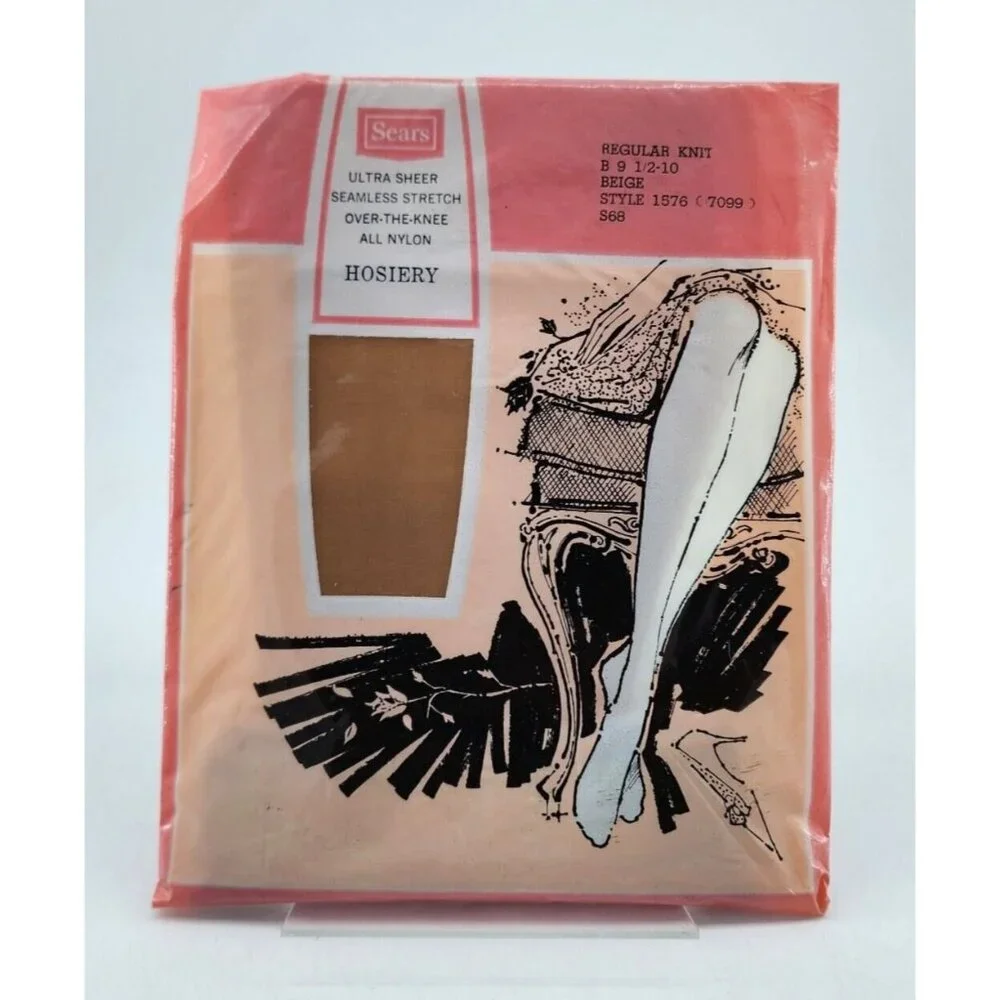 Vtg Sears Ultra Sheer Seamless Stretch Over the Knee Nylon Hosiery Beige‎ Size B